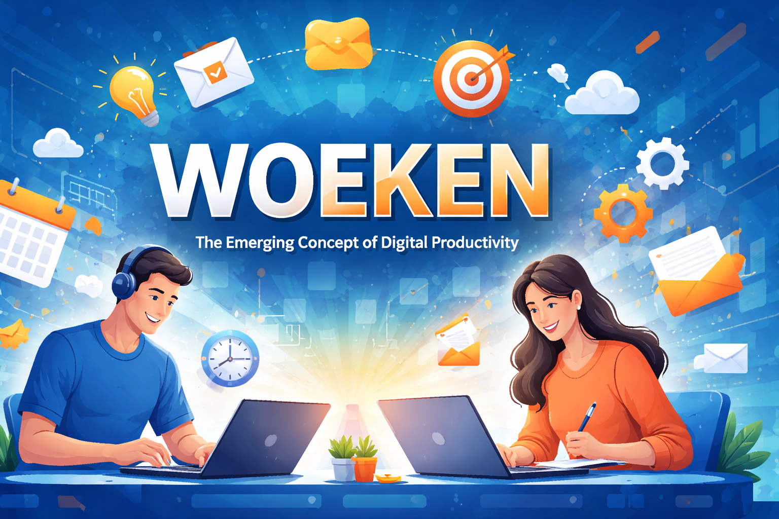 Woeken concept with digital productivity elements, laptops, workflow icons, and organized digital tasks.