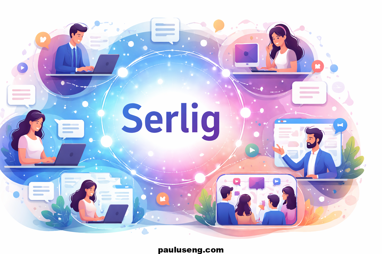 Illustration of Serlig showing users connected through content creation, discussion, and community engagement in a digital platform.