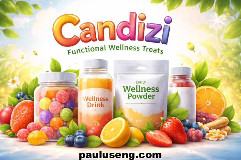 Candizi wellness products including colorful gummies, drinks, capsules, and powders surrounded by fresh fruits and plant-based ingredients, representing daily health and energy.
