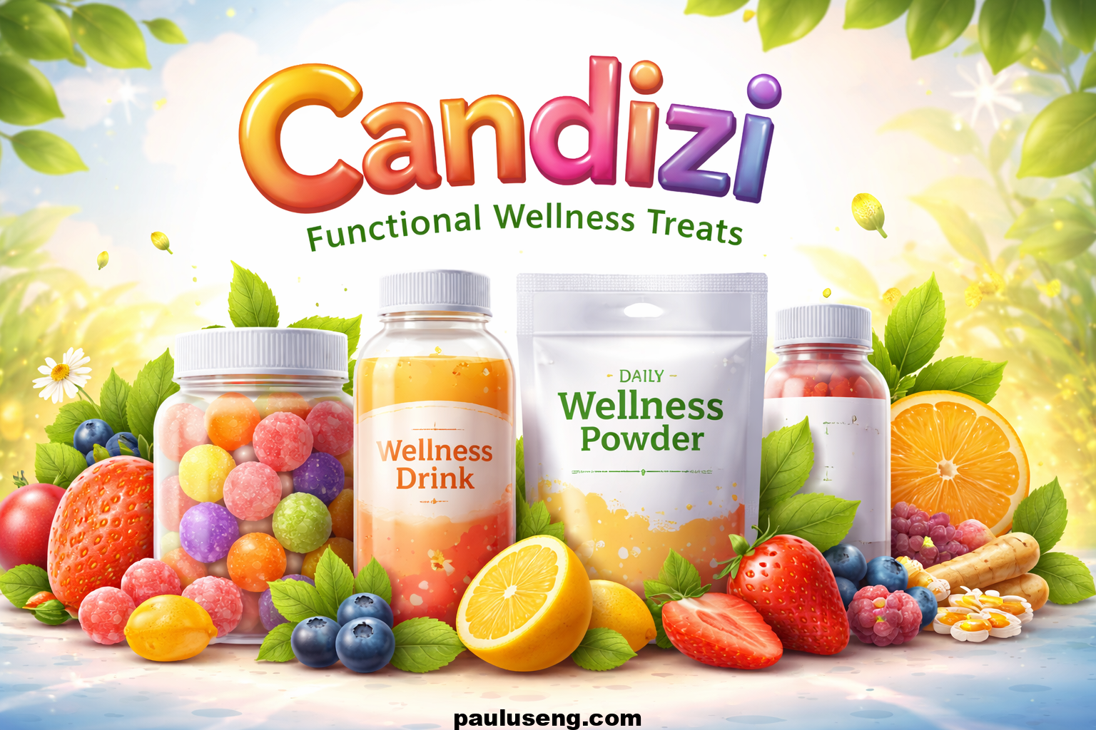 Candizi wellness products including colorful gummies, drinks, capsules, and powders surrounded by fresh fruits and plant-based ingredients, representing daily health and energy.