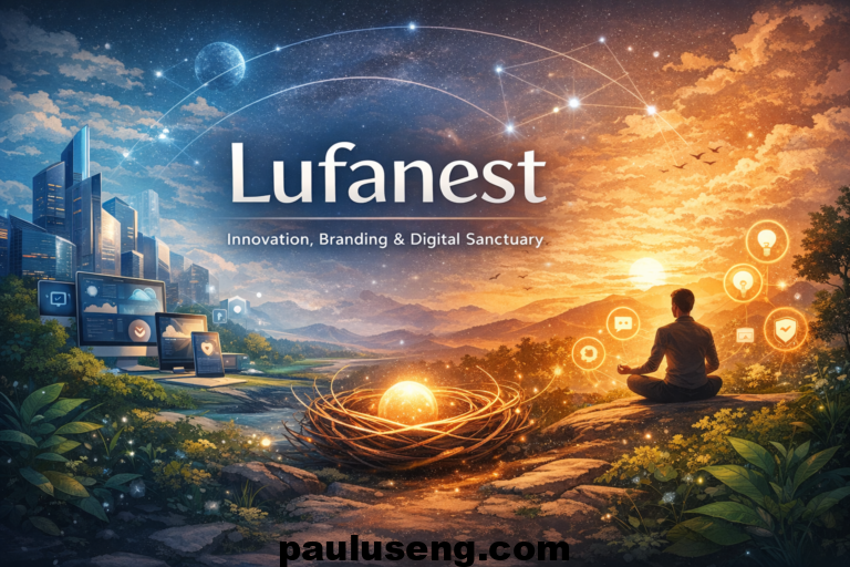 bstract representation of Lufanest concept with a glowing nest, meditative figure, digital tools, and harmonious cityscape blending culture, creativity, and innovation.
