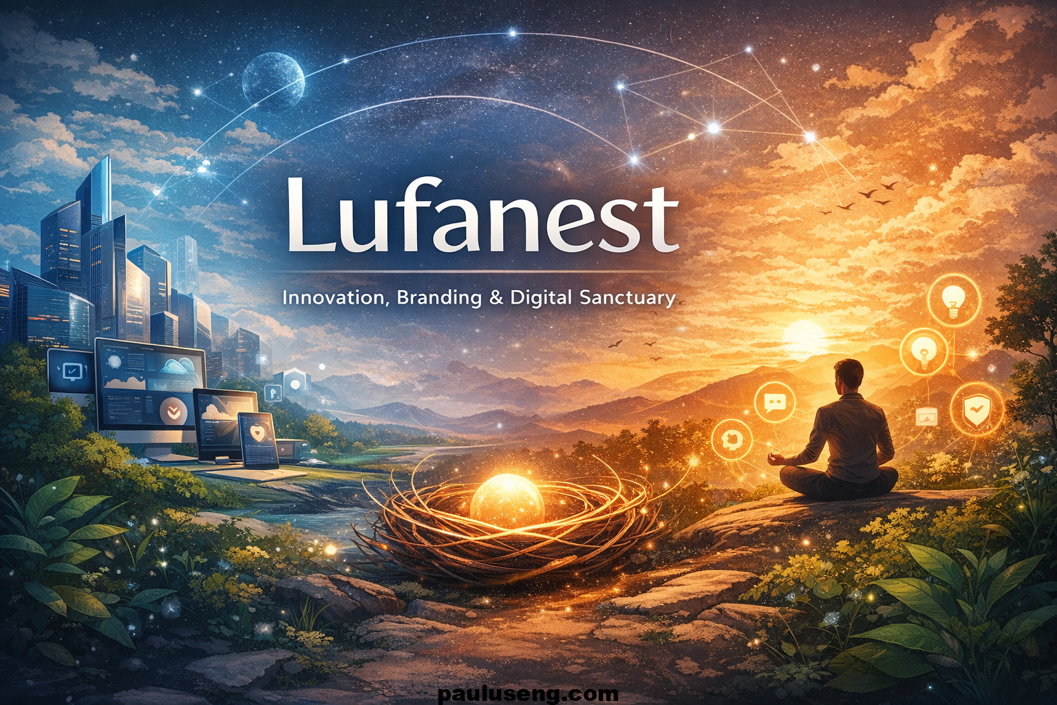 bstract representation of Lufanest concept with a glowing nest, meditative figure, digital tools, and harmonious cityscape blending culture, creativity, and innovation.